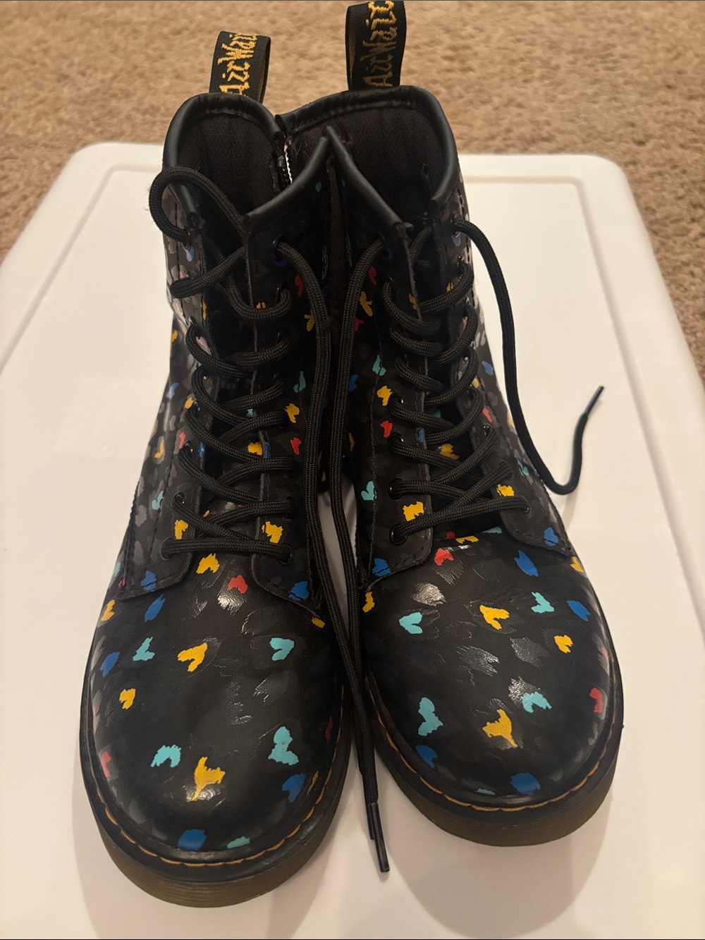 Dr. Martens Black Kids' Lace-Up Boots with Multicolor Heart Accents size Youth 4